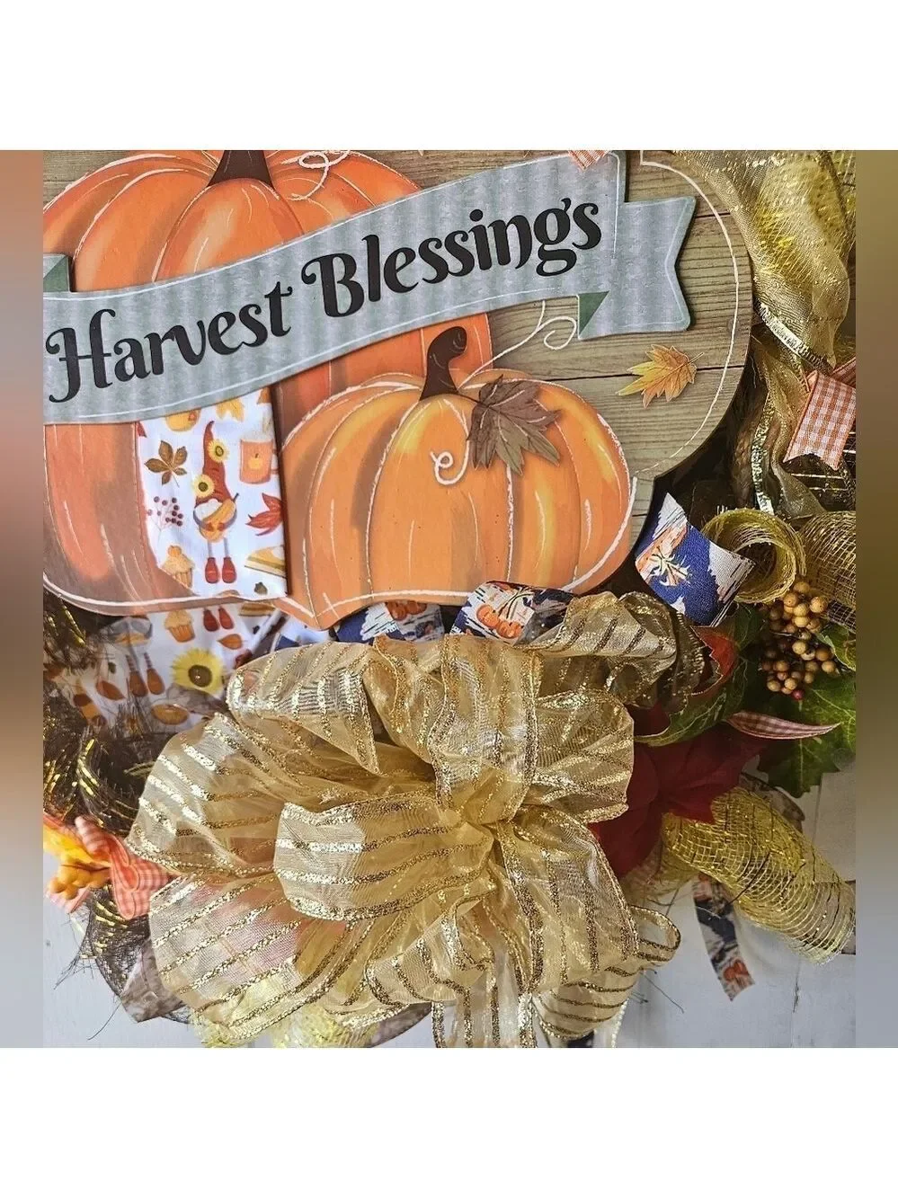 Hand Crafted handmade holiday wreath Harvest Blessings Gnome fabric plaid ribbon